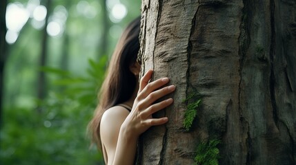 Nature lover hugging trunk tree with green musk in tropical woods forest. Green natural background. Concept of people love nature and protect from deforestation or pollution or climate change - obrazy, fototapety, plakaty