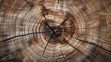 Old wooden oak tree cut surface. Detailed warm dark brown and orange tones of a felled tree trunk or stump. Rough organic texture of tree rings with close up of end grain