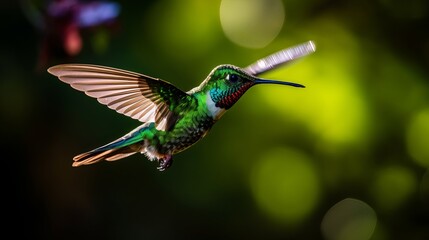 Fototapeta premium Panama bird wildlife. Green Violet-ear, Colibri thalassinus, hummingbird with green leaves in natural habitat, Panama. Green blue bird in the vegetation
