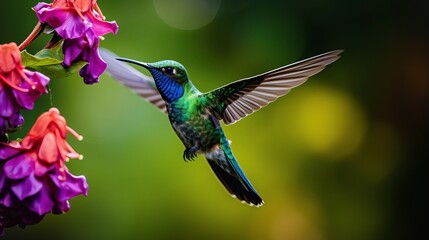 Fototapeta premium Panama bird wildlife. Green Violet-ear, Colibri thalassinus, hummingbird with green leaves in natural habitat, Panama. Green blue bird in the vegetation