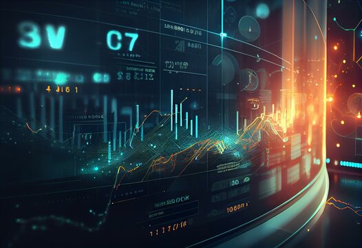 Futuristic stock exchange scene with chart, numbers and BUY and SELL options (3D illustration). Generative AI
