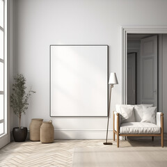 Frame mockup, Living room wall poster mockup. Interior mockup with house background. Modern interior design. 3D render, ISO A paper size