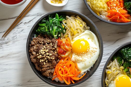 Beef bibimbap on a white wooden background, traditional korean cuisine top view