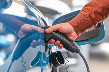 auto voiture electrique recharge borne station chargement batterie autonomie electricité - obrazy, fototapety, plakaty
