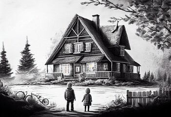 Child drawing of a family house. Pencil art in childish style. Generative AI