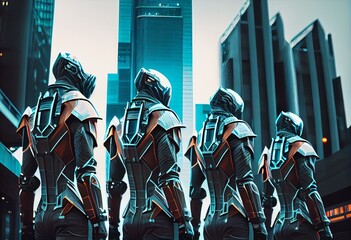 Generative AI illustration of male cyborgs standing together in row and looking away in modern futuristic city against blurred buildings