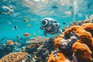 Robotic observation marine life in the ocean background, Underwater with colorful sea life fishes and plant at seabed, robotic sea fish.