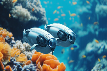 Robotic observation marine life in the ocean background, Underwater with colorful sea life fishes and plant at seabed, robotic sea fish.