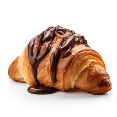 Croissant topped with chocolate isolated on white background