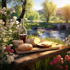 Fototapeta premium Wine, cheese and bread on a wooden table in the garden