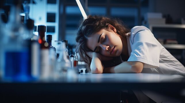 Science, exhausted and scientist taking nap in lab after working on innovation experiment, test or research. Tired and professional female scientific employee sleeping on desk in laboratory