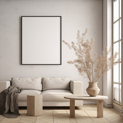 Frame mockup, Living room wall poster mockup. Interior mockup with house background. Modern interior design. 3D render, ISO A paper size