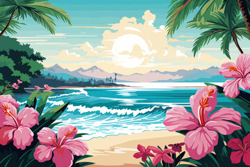 Fototapeta na wymiar a painting of a tropical beach with pink flowers