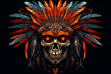 a skull wearing an indian headdress with feathers - obrazy, fototapety, plakaty