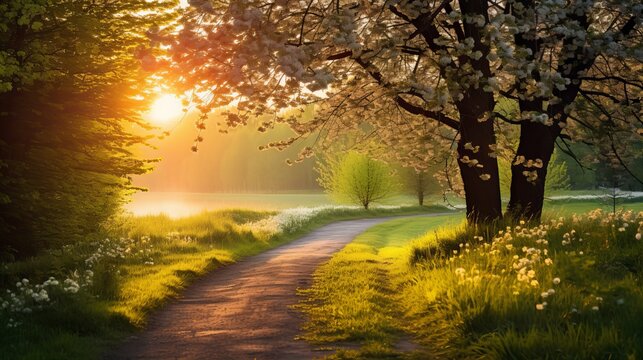 Serene summer rural landscape with green trees and country dirt road at sunrise in spring. Beautiful morning nature scene with blooming trees and plants at sunny springtime morning