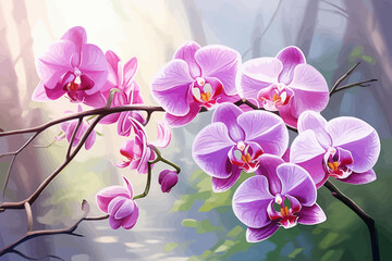 Fototapeta na wymiar a painting of pink orchids on a tree branch