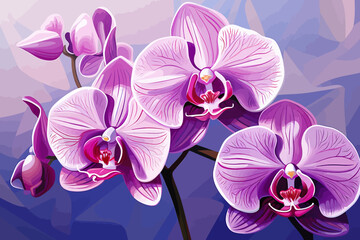 a painting of three purple orchids on a blue background