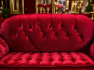 A red velvet couch with a heart shaped pillow on top of it