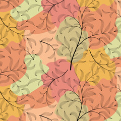 Multi-colored background with contour leaves.Vector seamless pattern of contour leaves on an abstract multi-colored background.