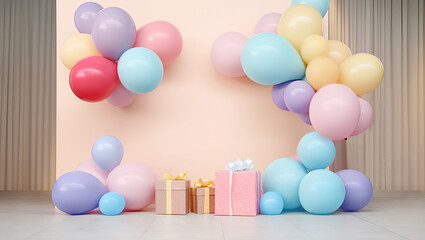 Obraz na płótnie Canvas Design creative concept birthday, party for girl celebration bright color style balloons, kids style. Multicolored birthday background decorated with balloons.
