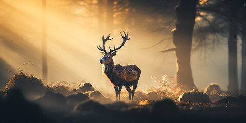 Deer in the forest at sunrise. 3D Rendering.