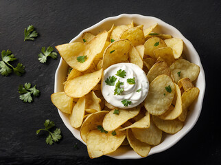 Potato chips with sour cream and parsley on a black background