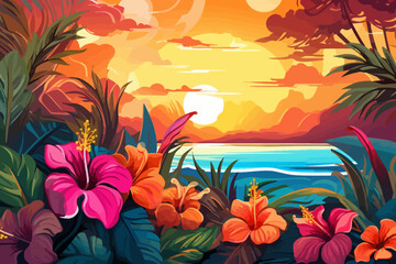 Fototapeta na wymiar a painting of a tropical sunset with flowers