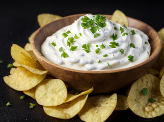 Potato chips with sour cream and parsley on a black background