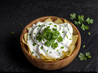 Potato chips with sour cream and parsley on a black background