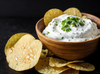 Potato chips with sour cream and parsley on a black background