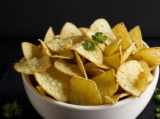 Potato chips with sour cream and parsley on a black background