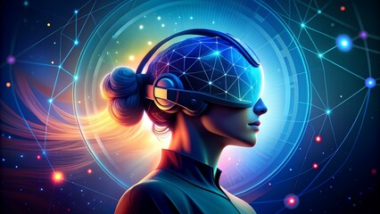 Immersive VR/BCI Illustration: Woman Engages with Digital World via Mind Interface, Futuristic Design Concept, Virtual Reality Art, Brain-Computer Interface