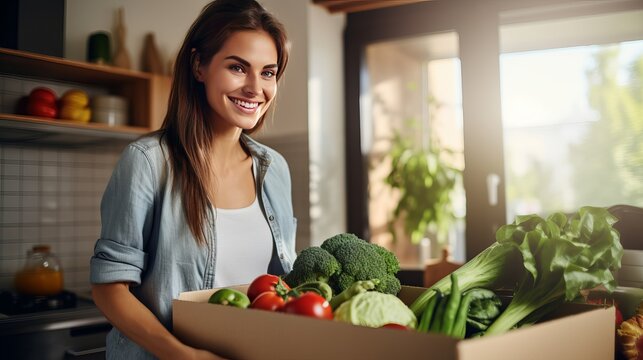 Smiling young woman standing at her kitchen counter and unpacking a delivery box full of fresh organic groceries