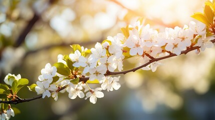 Fototapeta premium Spring Flowers Blooming Tree and Sun Flare. Beautiful Nature Scene Colored Background. Springtime