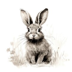 Bunny illustration gravure style. Easter concept on white background. For card or child book print.
