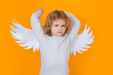 Little cute child at angel costume on isolated background. Kid with angel wings. Isolated studio...