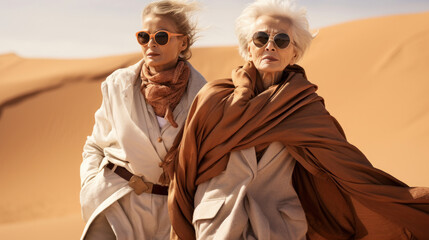 Stylish mature women with glasses in the desert sands. The concept of modern fashion, advertising.