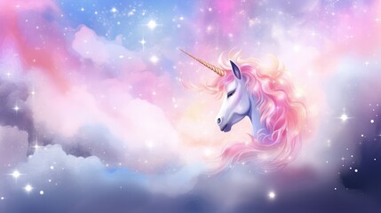 Obraz na płótnie Canvas Fantasy unicorn with golden horn surrounded by a celestial dreamscape
