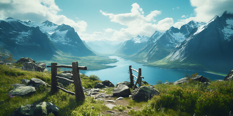 Mountain landscape with wooden fence and lake. 3d render.