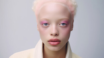 A close-up portrait of a beautiful albino African girl with beautiful makeup.