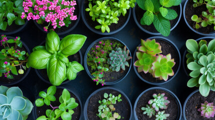 variety of potted plants with different types of foliage and flowers, arranged closely together, creating a lush display of greenery and color.