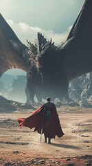 A fantasy photography of a superhero walking toward the camera with a huge dragon behind him in an empty land. holding a sword. - obrazy, fototapety, plakaty