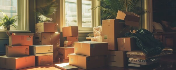 A stack of cardboard boxes fills the room, hinting at recent movement. - obrazy, fototapety, plakaty