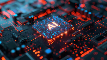 AI concept , Close-up microscopic of computer chip circuit resembling a futuristic city