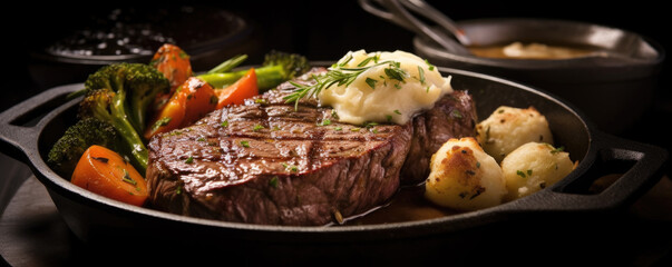 Freshly made tasty beef steak on rosemary served on a pan with mashed potatoes and grilled vegetables.