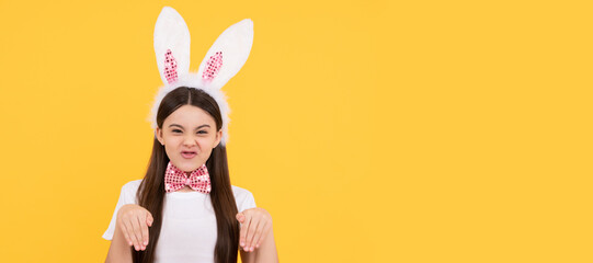 happy easter holiday. funny child in rabbit ears. smiling teenager girl in bow tie. bunny hunt...