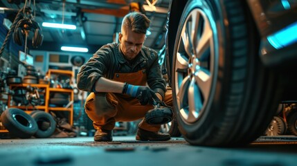 Fototapeta na wymiar Car mechanic working in garage and changing wheel alloy tire