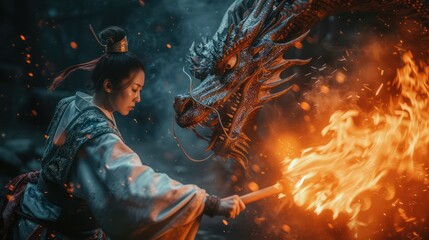 Epic shot, A ancient Chinese warrior holding spear, wearing hanfu. fighting with a fire dragon