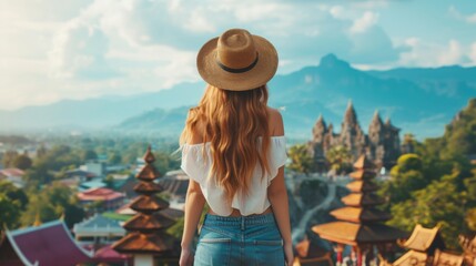 A young woman stands with her back and admires the view of the Asia. A traveler traveling on vacation in the most beautiful place in the world. Summer vacation - obrazy, fototapety, plakaty