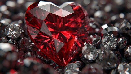 a diamond heart shaped red sapphire surrounded by white gem Generative AI